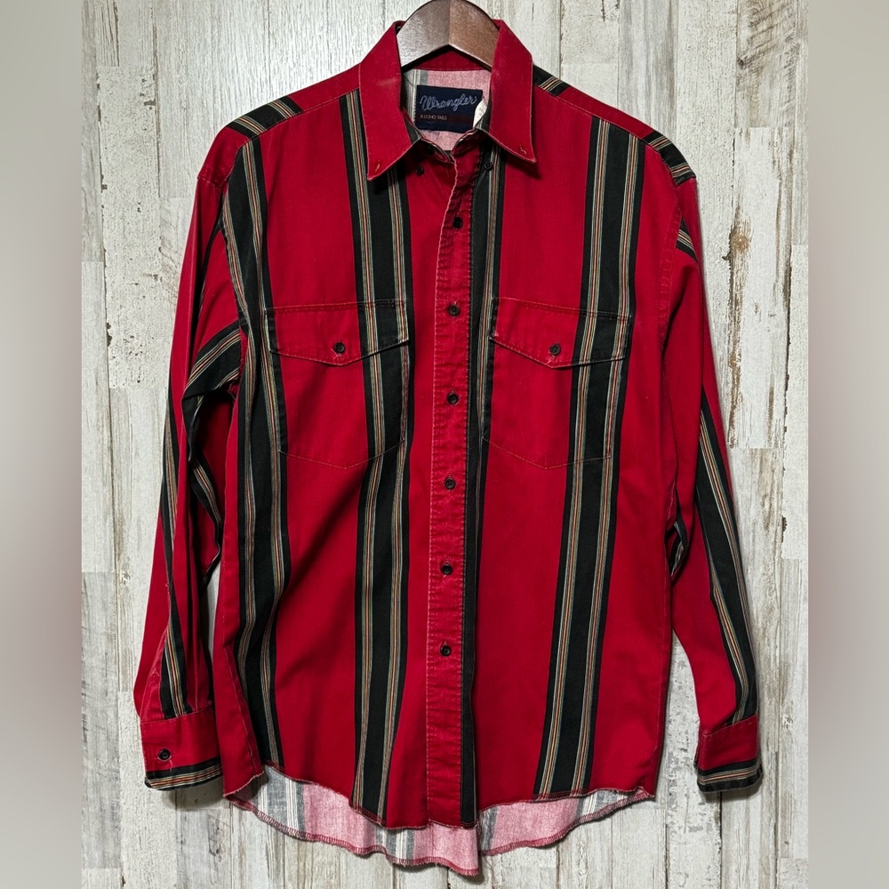 Wrangler Red and Black Striped Casual Button Down Shirt